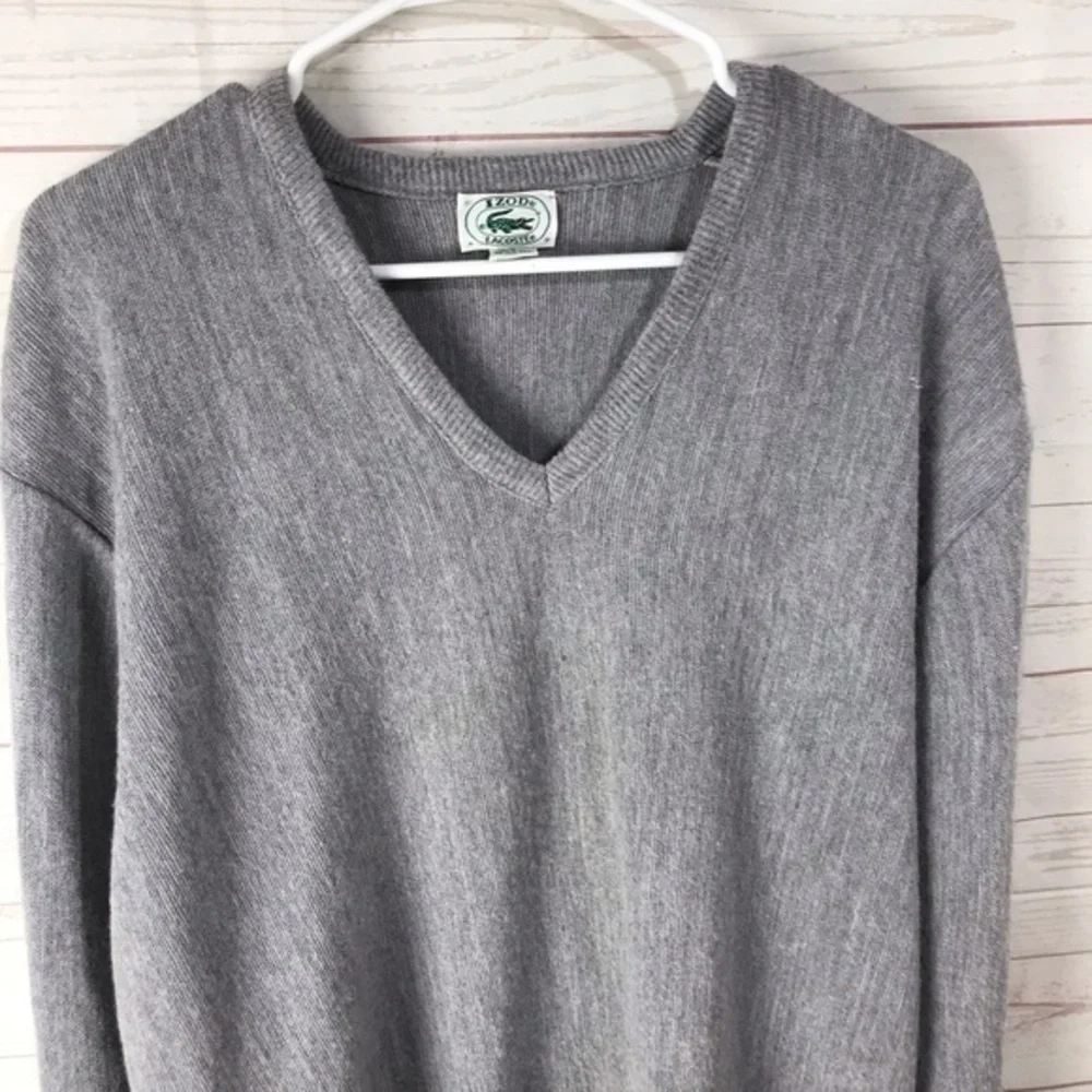 VINTAGE Izod Lacoste Sweater Mens large Gray Crocodile V Neck Mens